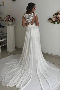 Formal Long Ivory Lace Chiffon Side Slit Cap Sleeve Cheap Beach Wedding Dresses RS107