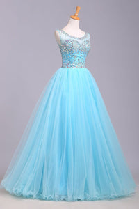 Ball Gown Blue Scoop Sequins Organza Long Prom Dresses Elegant Party Dresses RS165