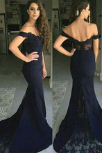 Load image into Gallery viewer, Mermaid Off-the-Shoulder Sweep Train Navy Blue Appliques Satin Prom Dresses RS404