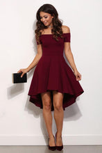 Load image into Gallery viewer, Short A Line Burgundy Off the Shoulder High Low Knee Length Satin Homecoming Dresses RS644