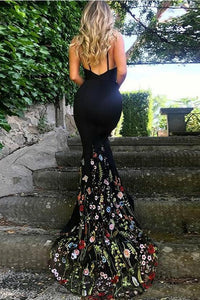 Mermaid V-Neck Court Train Black Stretch Satin Spaghetti Straps Prom Dress with Appliques RS461