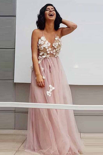 Elegant A-Line Spaghetti Straps Long Pearl Pink Appliques V Neck Backless Prom Dresses RS687