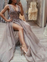Load image into Gallery viewer, Charming A Line V Neck Open Back High Split Grey Lace Long Beads Long Prom Dresses RS213