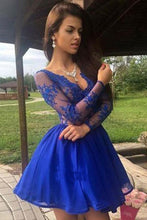 Load image into Gallery viewer, Charming A Line V Neck Long Sleeves Royal Blue Lace Short Homecoming Dresses RS979