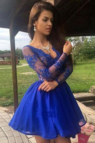 Charming A Line V Neck Long Sleeves Royal Blue Lace Short Homecoming Dresses RS979