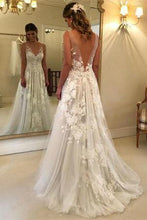 Load image into Gallery viewer, Elegant A-Line V-Neck Tulle Open Back Ivory Wedding Dresses with Lace Appliques RS114