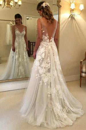 Elegant A-Line V-Neck Tulle Open Back Ivory Wedding Dresses with Lace Appliques RS114