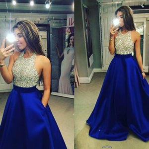 New Arrival Crew Neck Gold Sequins Black Satin Backless Sleeveless Prom Dresses RS440