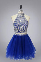 Load image into Gallery viewer, Halter High Neck Beaded Bodice Two Piece Fall Gary Tulle Open Back Homecoming Dress