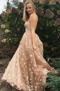 Princess A-Line Strapless Pink Lace Sleeveless Tulle Appliques Pockets Prom Dresses RS822