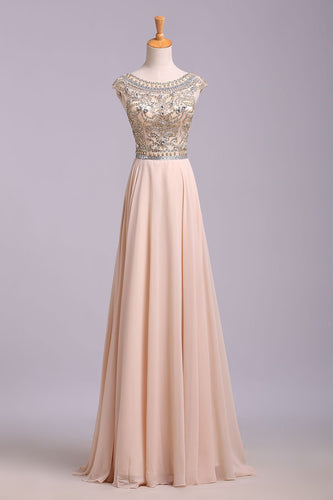 Blush Pink Cap Sleeve Chiffon Beads Round Neck Open Back Long Prom Dresses RS174