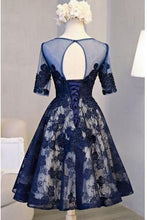 Load image into Gallery viewer, A Line Scoop Navy Blue Knee-length Tulle Short Sleeve Homecoming Dress with Open Back RS792