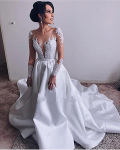A Lin Ivory Long Sleeve Satin Lace Sweep Train Wedding Dresses Long Bridal Dresses RS410