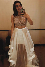 Load image into Gallery viewer, Sexy A-line Scoop Neck Tulle Beading Two Piece Halter Sleeveless Pink Prom Dresses RS635