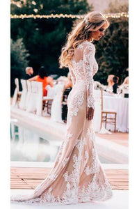 Long Sleeve Round Neck Lace Applique Wedding Dresses Vintage Mermaid Wedding Dress