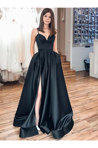 Black Spaghetti Straps Split Long Satin Prom Dress A Line Simple Long Formal SRSP5G4JRHJ