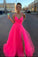 Modest Tulle V Neck Spaghetti Straps Pink Long Prom Dresses with SRS15656