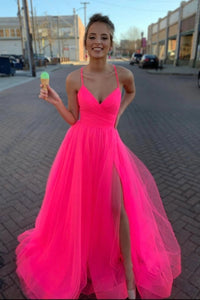 Modest Tulle V Neck Spaghetti Straps Pink Long Prom Dresses with SRS20428