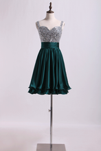 Load image into Gallery viewer, 2024 Straps A Line Short/Mini Prom Dress Beaded Bodice With Pleated Waistband Chiffon
