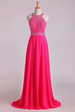 Load image into Gallery viewer, 2024 Halter Prom Dresses Beaded Bodice Open Back A Line Chiffon &amp; Tulle Sweep Train
