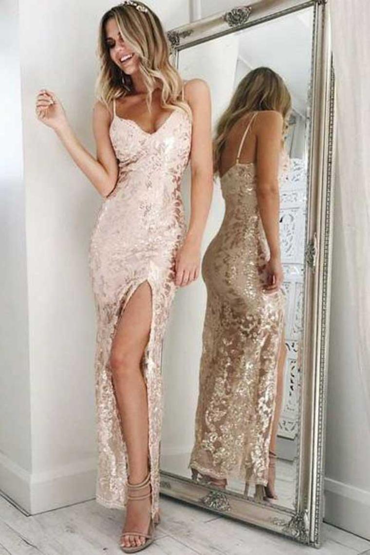 Sheath Spaghetti Straps Long Sparkly Open Back Simple Prom Dresses