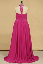 Load image into Gallery viewer, 2024 A Line High Neck Prom Dresses Chiffon With Beading And Ruffles