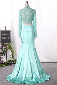 2023 New Arrival Two Pieces Mermaid Elastic Satin&Tulle With Appliques Long Sleeves Prom Dresses