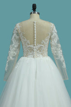 Load image into Gallery viewer, 2024 Long Sleeves A Line Scoop Tulle Wedding Dresses With Applique Chapel Train
