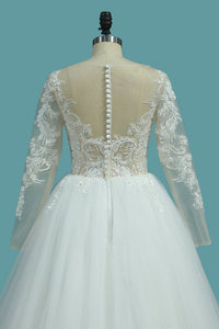 2024 Long Sleeves A Line Scoop Tulle Wedding Dresses With Applique Chapel Train
