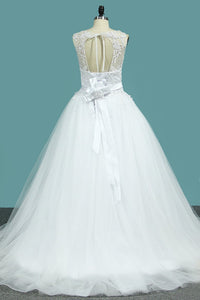 2024 Wedding Dress A-Line Scoop Tulle With Applique And Sash Court Train