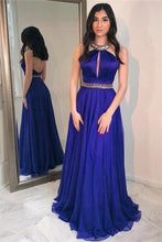 Load image into Gallery viewer, Beautiful Halter Open Back Royal Blue Long A-Line Simple Prom Dresses