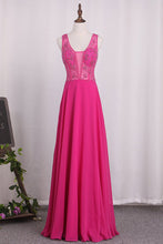 Load image into Gallery viewer, 2024 Prom Dresses A Line V Neck Beaded Bodice Chiffon Open Back
