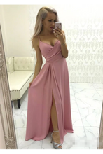 Load image into Gallery viewer, Simple Satin Evening Gown Spaghetti Straps Prom Dress With Pleats And High SRSPMRMS38T