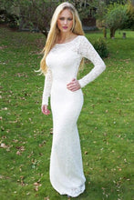 Load image into Gallery viewer, Elegant Long Sleeves Sheath Open Back Ivory Lace Long Prom Dresses