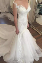 Load image into Gallery viewer, 2024 V Neck Tulle With Applique Mermaid Court Train Wedding Dresses