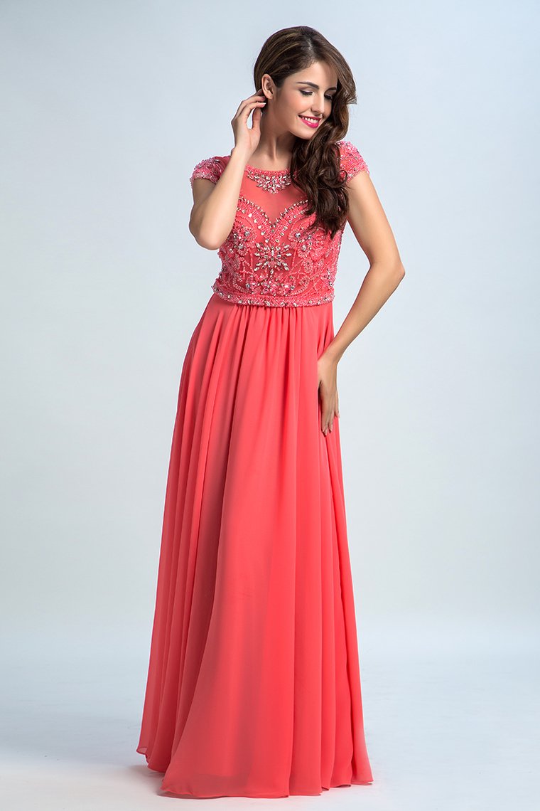 2024 Prom Dresses Scoop A Line Chiffon With Beading Cap Sleeves