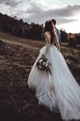Elegant See Through Long Sleeve Wedding Dresses Lace Applique Bridal Dress