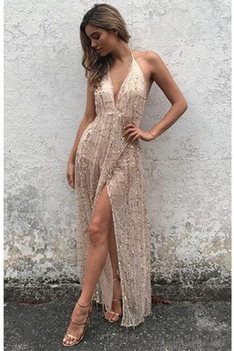 2023 Sexy Halter Lace Prom Dresses V Neck Formal Dress With Slit Evening Dress
