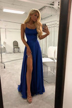 Load image into Gallery viewer, Spaghetti Straps Royal Blue Long Front Split Prom Dresses