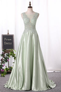 2024 Prom Dresses Scoop Satin A Line With Applique And Beads