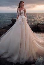 Load image into Gallery viewer, A Line Long Sleeves Round Neck Tulle Wedding Dresses With Appliques Wedding SRSP64QPJLR