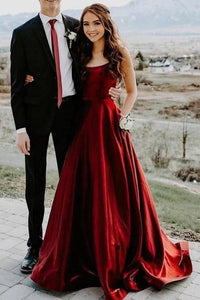 Elegant A Line Red Spaghetti Straps Satin Prom Dresses with Pockets, Evening SRS15638