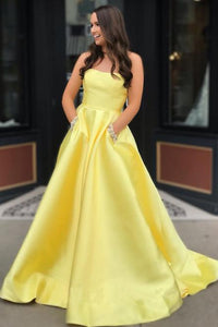 Charming A Line Yellow Satin Strapless Beads Party Dresses with Pockets SRS15568