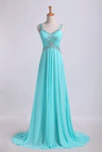 Load image into Gallery viewer, 2024 Open Back Halter Prom Dresses A Line Sweep Train Chiffon With Beads&amp;Ruffles
