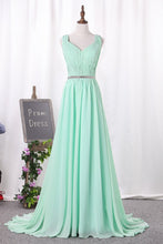 Load image into Gallery viewer, 2024 V Neck A Line Ruched Bodice Beaded Waistline Chiffon Bridesmaid Dresses Sweep Train