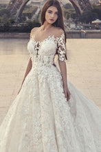 Load image into Gallery viewer, Pretty Half Sleeves Ivory Lace Ball Gown Wedding Dresses Modest Bridal Dresses
