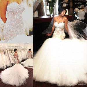 Stunning Mermaid Strapless Sweetheart Tulle Wedding Dresses with Appliques, Wedding Gowns SRS15439