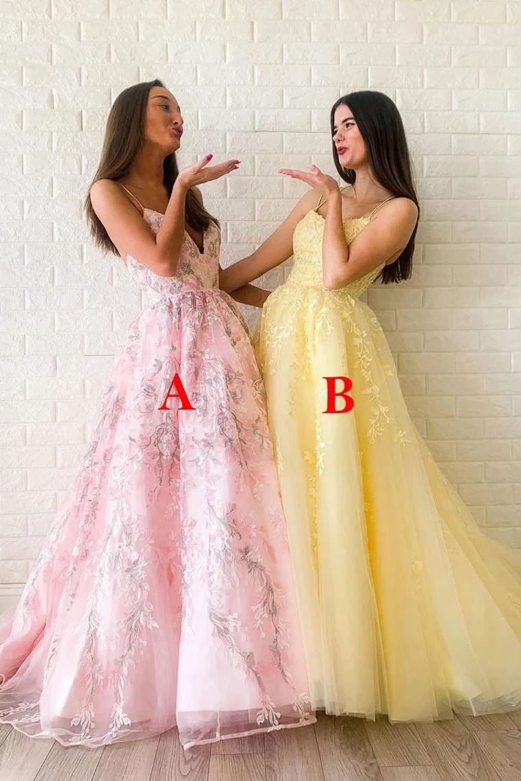 A Line Spaghetti Straps V Neck Lace Appliques Beads Lace Up Prom Dresses (Leave A Or B In The Remark SRSPTGRK67K
