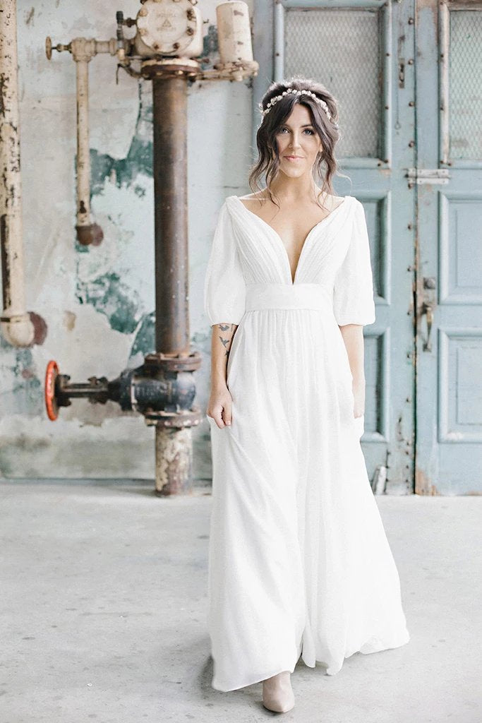Simple A Line Ivory Chiffon V neck Wedding Dresses, Half Sleeves Long Wedding Gowns SRS15381