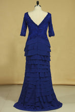 Load image into Gallery viewer, 2024 Dark Royal Blue Mother Of The Bride Dresses Chiffon V Neck With 3/4 Length Sleeves